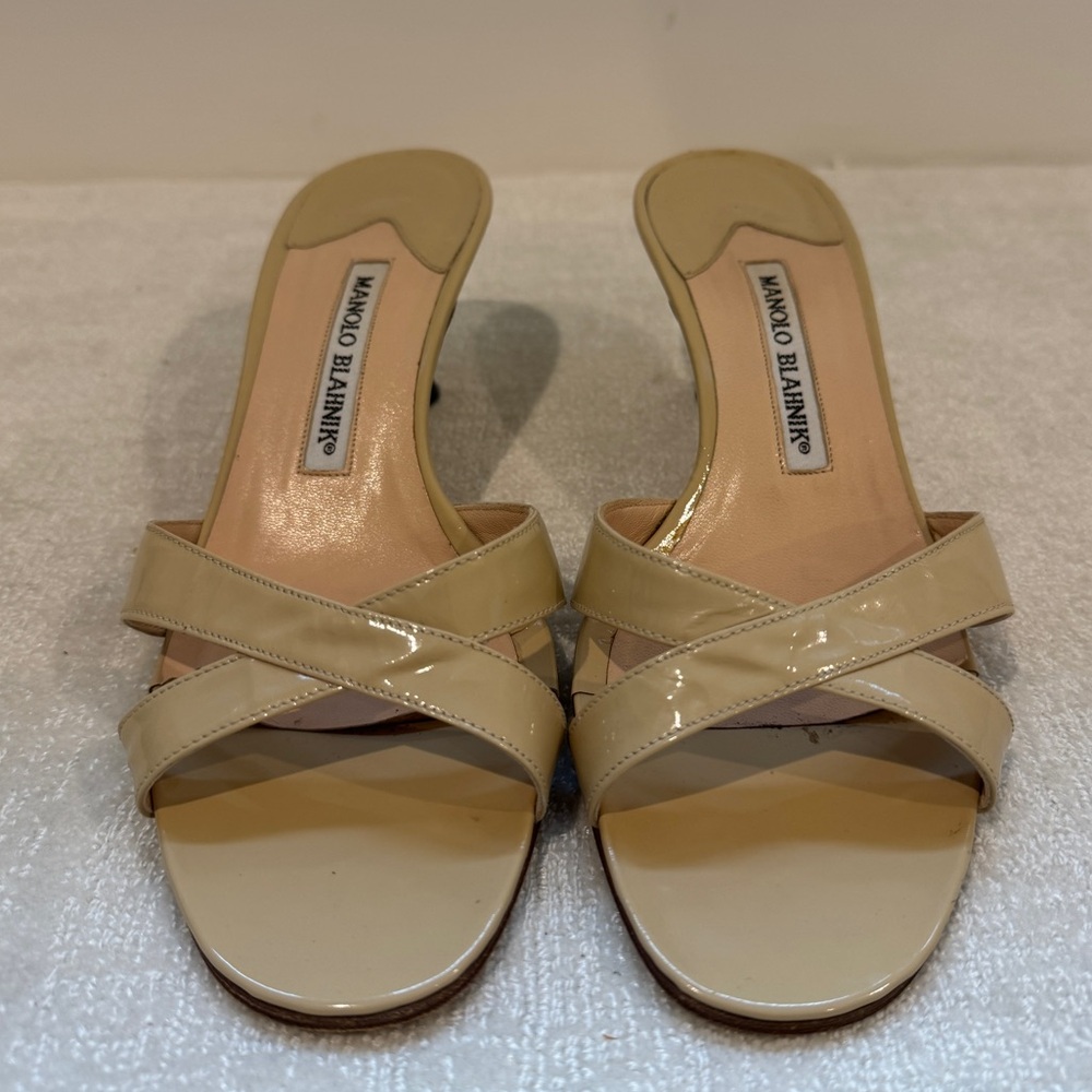 Manolo Blahnik Patent Leather Low Heeled Sandals